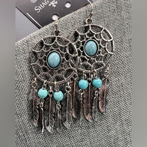 Bohemian Silver and Turquoise Feather Earrings with turquoise precious stones